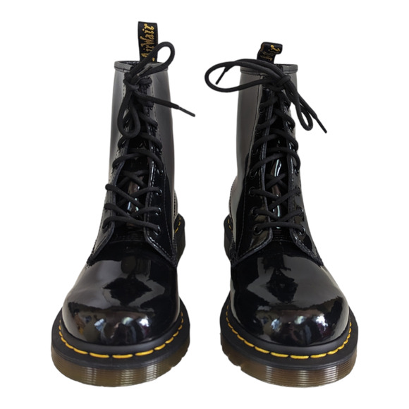 Dr, Martens Black Patent Leather 1460 Lamper Boots Yellow Stitching Size 10 NWOT - Picture 2 of 13